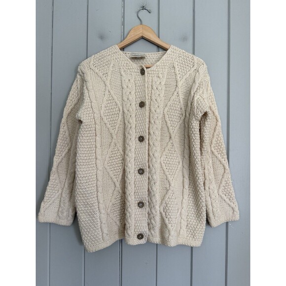 Connemara Knitwear Sweaters - Connemara Knitwear Cardigan Sweater M Medium Ivory Merino Wool Irish Fisherman